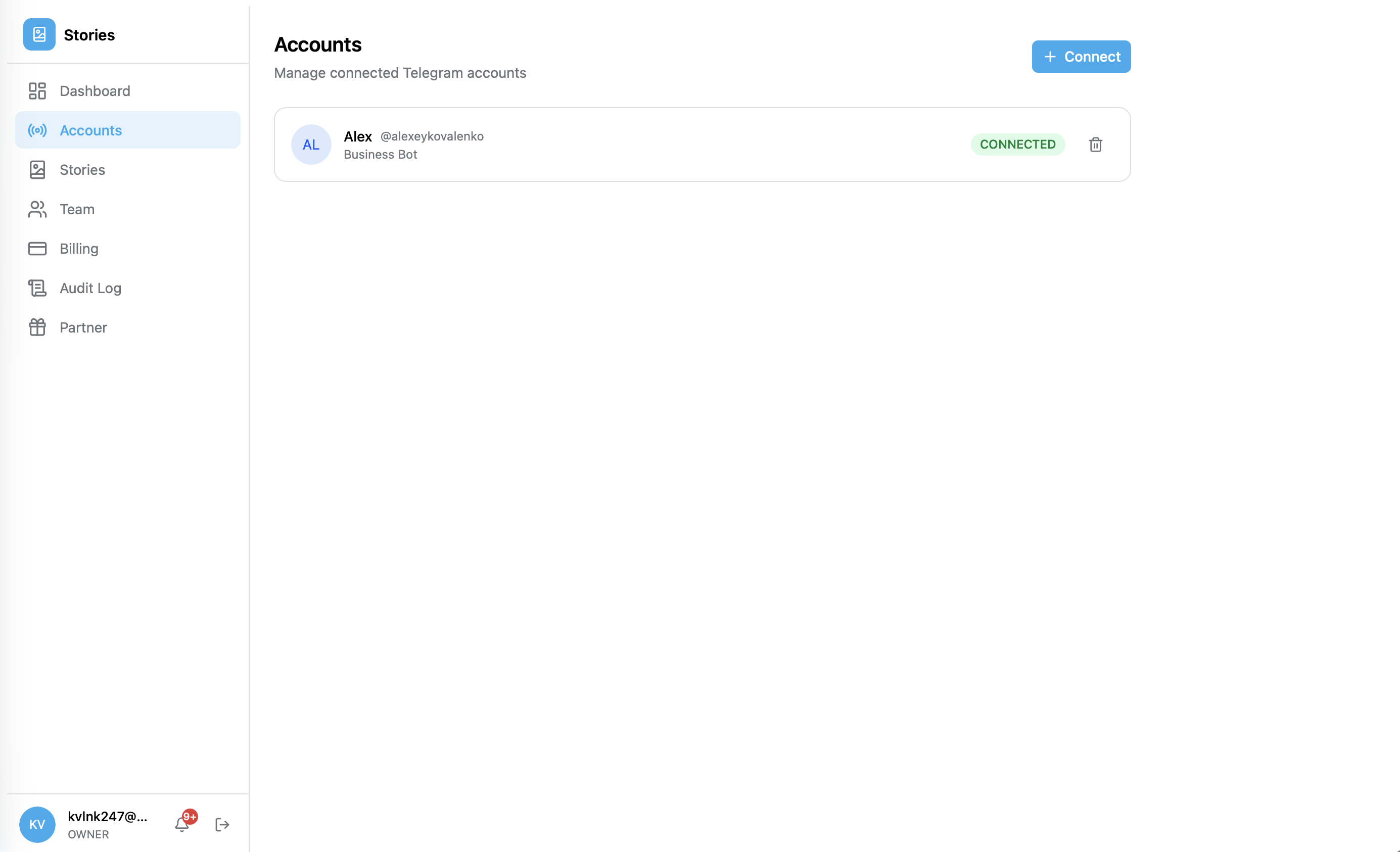 Управление подключёнными Telegram-аккаунтами